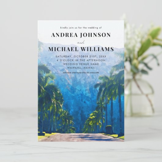 Hawaii Waterverf Strand Palm Bestemming Bruiloft Kaart (Staand voorkant)