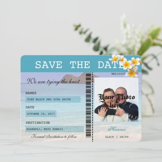Hawaii Wedding Boarding Pass Bewaar de datum Save The Date (Staand voorkant)