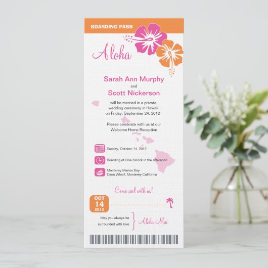 Hawaii Wedding Boarding Pass Kaart (Staand voorkant)