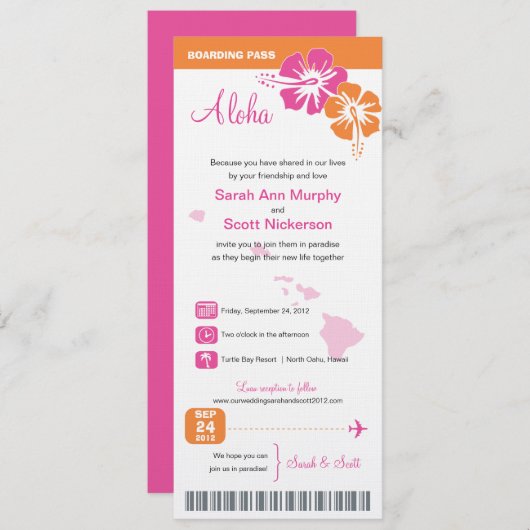 Hawaii Wedding Boarding Pass Kaart (Voorkant / Achterkant)