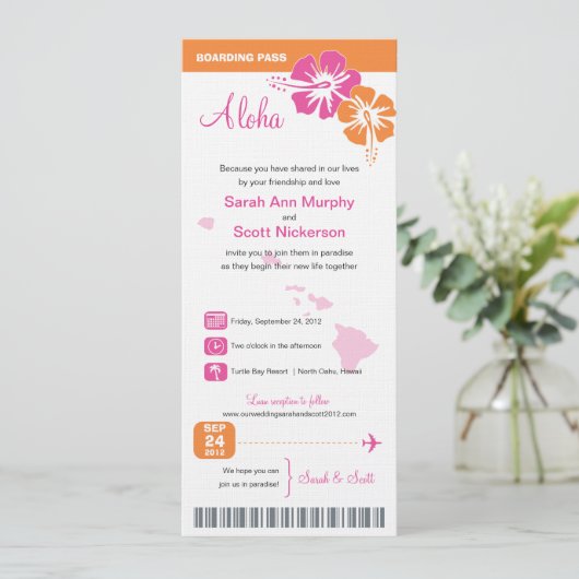 Hawaii Wedding Boarding Pass Kaart (Staand voorkant)