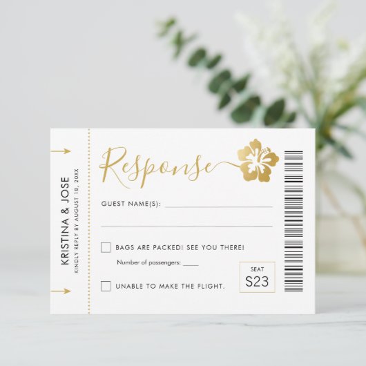 Hawaii Wedding Boarding Pass Ticket Destination RSVP Kaartje (Staand voorkant)