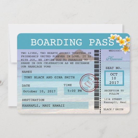Hawaii Wedding Boarding Pass Uitnodiging (Voorkant)