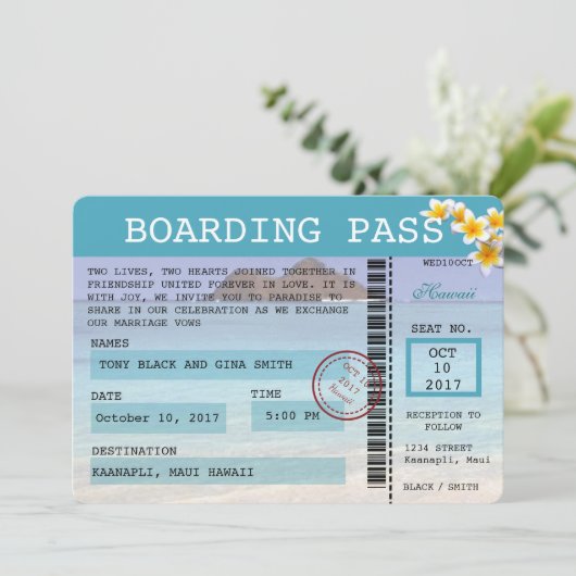 Hawaii Wedding Boarding Pass Uitnodiging (Staand voorkant)