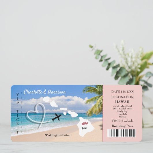 Hawaii Wedding Destination Ticket Pass Uitnodiging (Staand voorkant)