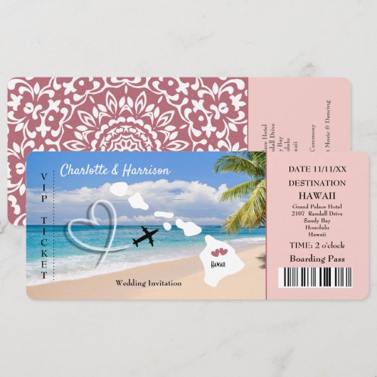 Hawaii Wedding Destination Ticket Pass Uitnodiging (Voorkant / Achterkant)