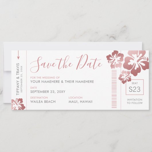 Hawaii Wedding Roos Gold Pink Boarding Pass Ticket Save The Date (Voorkant)
