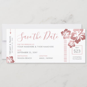 Hawaii Wedding Roos Gold Pink Boarding Pass Ticket Save The Date