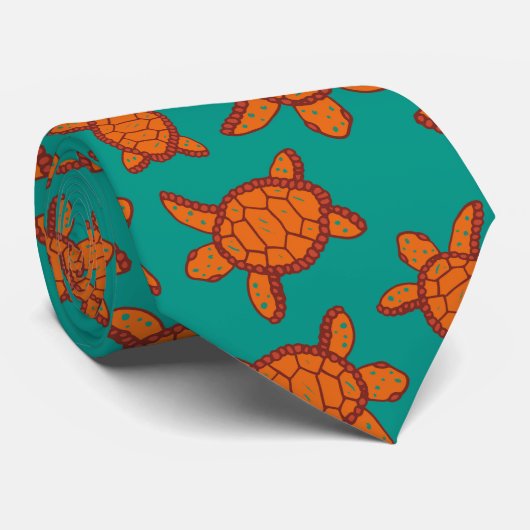 Hawaii Zee Schildpad Patroon Blauw en Sinaasappel Stropdas (Opgerold)