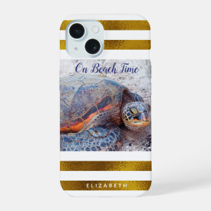 Hawaii Zee Turtle Gold White Stripes on Beach Time iPhone 15 Case