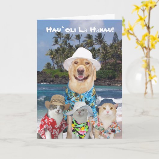 Hawaiiaans Geel Lab & Katten Birthda Kaart (Gele Bloem)