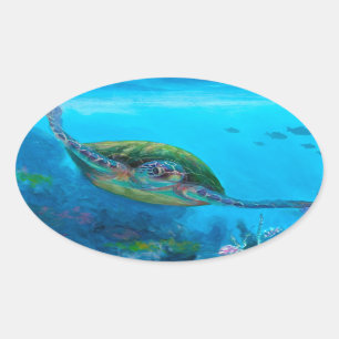 Hawaiiaans groen Zee schilder tropisch visrif Ovale Sticker
