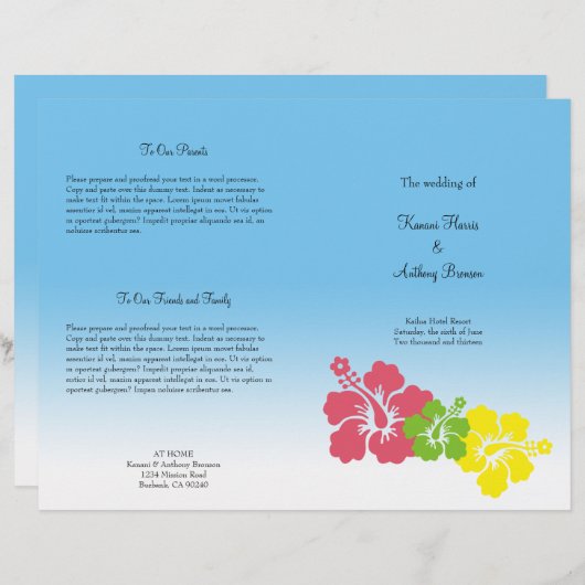 Hawaiiaans hibiscus flower tropisch trouwprogramma (Voorkant / Achterkant)