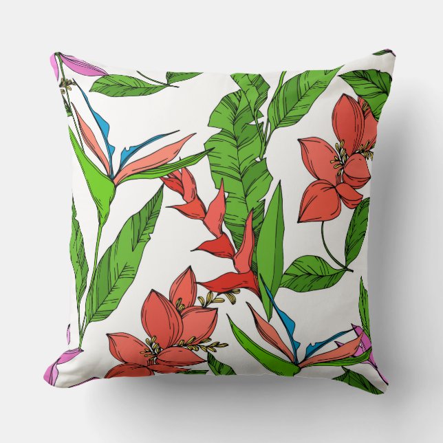 Hawaiiaans oerwoud groen en rode zomerbloem kussen (Voorkant)