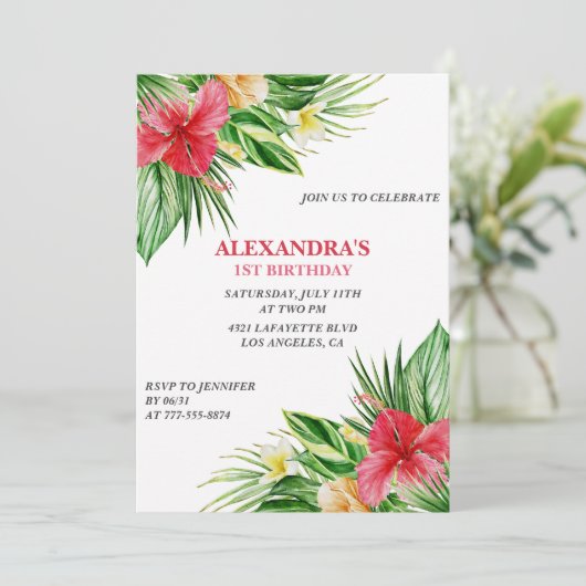 Hawaiiaans thema 1e verjaardagsfeest Hibiscus Kaart (Staand voorkant)