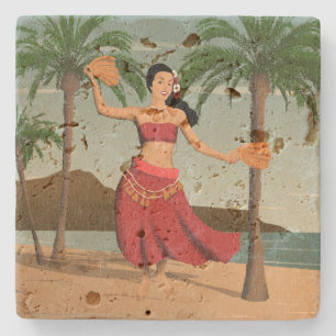 Hawaiiaans Vintage Meisje Verontrust Briefkaart Stenen Onderzetter