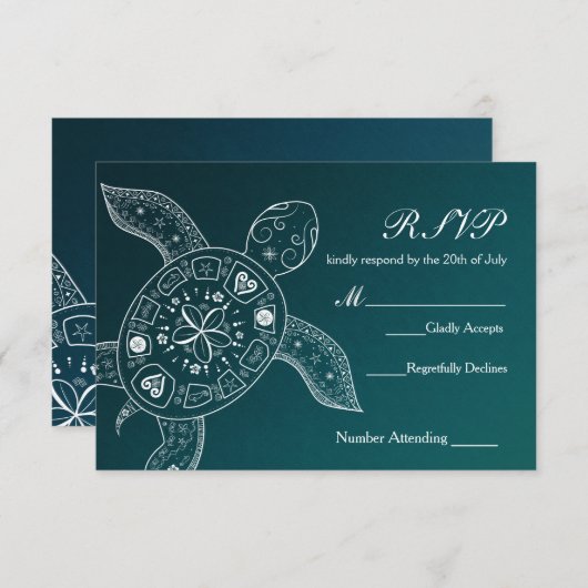 Hawaiiaans Zee Turtle White Blue Beach Weddenschap RSVP Kaartje (Voorkant / Achterkant)