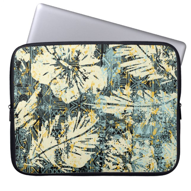 Hawaiiaanse hibiscus stof met tribale achtergrond laptop sleeve (Voorkant)