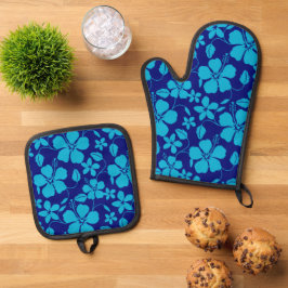 HAWAIIAANSE HULA (HIBISCUS) PATROON DONKER/LICHTBL OVENWANT & PANNENLAP SET
