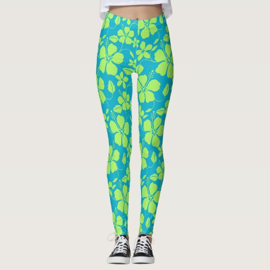 HAWAIIAANSE HULA (HIBISCUS) TEAL LIME LEGGINGS (Voorkant)