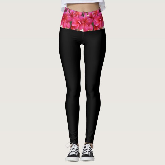 Hawaiiaanse roze plumeria yoga leggings (Voorkant)