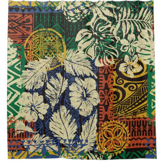 Hawaiiaanse stamelementen en hibiscus fabric patch douchegordijn (Voorkant)