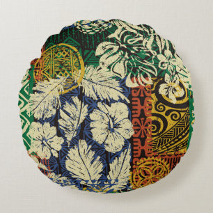 Hawaiiaanse stamelementen en hibiscus fabric patch rond kussen