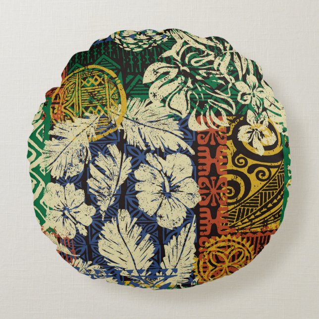Hawaiiaanse stamelementen en hibiscus fabric patch rond kussen (Voorkant)