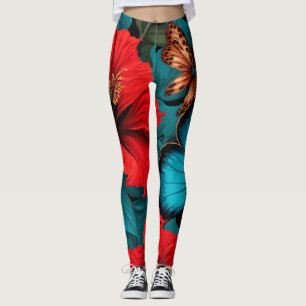 Hawaiiaanse stijl patroon met rode bloemen leggings