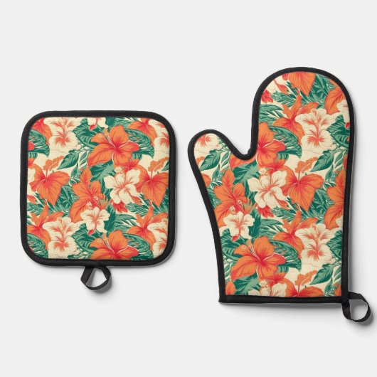 Hawaiiaanse vibe tropische bloemen en bladeren pat ovenwant & pannenlap set (Voorkant)