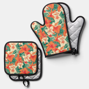 Hawaiiaanse vibe tropische bloemen en bladeren pat ovenwant & pannenlap set