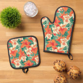 Hawaiiaanse vibe tropische bloemen en bladeren pat ovenwant & pannenlap set (Top down)