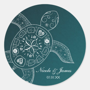 Hawaiiaanse Zeeschildpad Wit op Turquoise Strand B Ronde Sticker