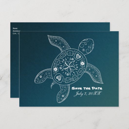 Hawaiiaanse Zeeschildpad Witte Teal Strand Save Th Aankondigingskaart (Voorkant / Achterkant)