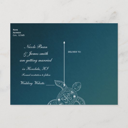 Hawaiiaanse zeeschildpad witte turquoise strand sa aankondigingskaart (Achterkant)