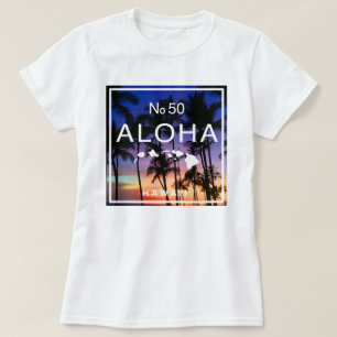 Hawaiiaanse zonsondergang vibes met palmbomen gloe t-shirt