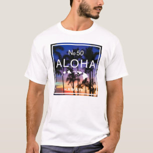 Hawaiiaanse zonsondergang vibes met palmbomen gloe t-shirt