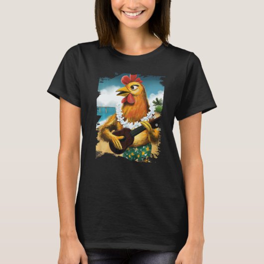 Hawaiian Aloha Chicken Playing Ukulele Beach T-shirt (Voorkant)