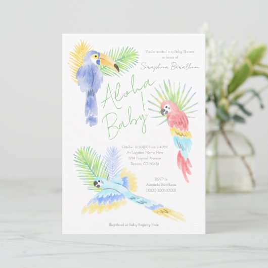 Hawaiian Aloha Tropical Parrots Baby shower Kaart (Staand voorkant)