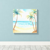 Hawaiian Beach | Palmboom Tropische Waterverf Canvas Afdruk (Insitu (Houten vloer))