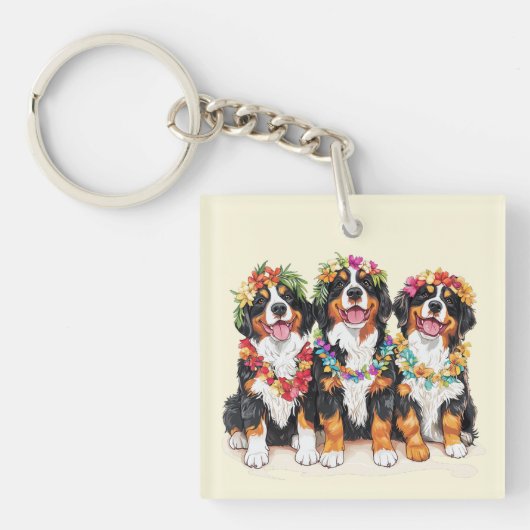 Hawaiian Bernese Mountain Dogs Flower Lei Sleutelhanger (Voorkant)