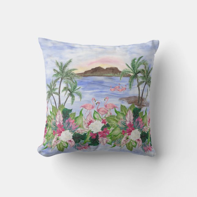 Hawaiian Bliss: Patroon van tropische Waterverf Kussen (Voorkant)