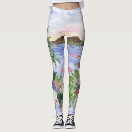 Hawaiian Bliss: Patroon van tropische Waterverf Leggings (Voorkant)