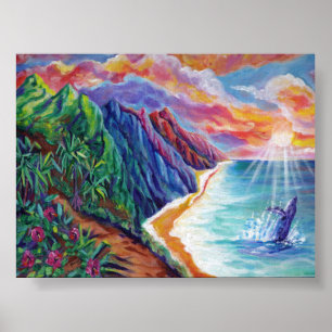 Hawaiian Bultrug Whale Breaching bij zonsondergang Poster