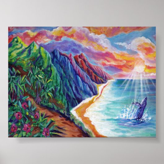 Hawaiian Bultrug Whale Breaching bij zonsondergang Poster (Voorkant)