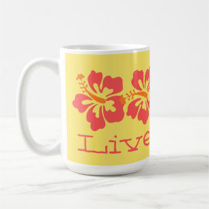 Hawaiian Coral Hibiscus "Live Pono" Surfer Retro Koffiemok