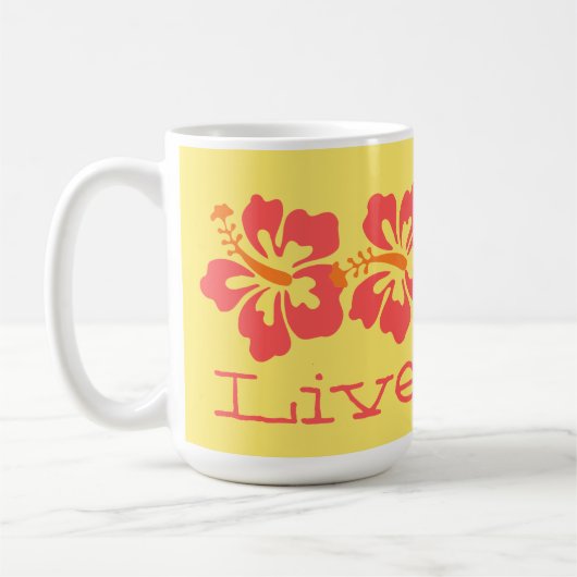 Hawaiian Coral Hibiscus "Live Pono" Surfer Retro Koffiemok (Links)