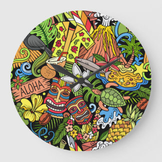 Hawaiian doodles: kleurrijke, naadloze cartoon pat grote klok