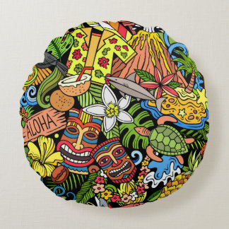 Hawaiian doodles: kleurrijke, naadloze cartoon pat rond kussen