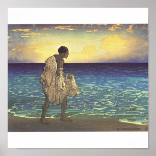 Hawaiian Fisherman, houtblokdruk Poster